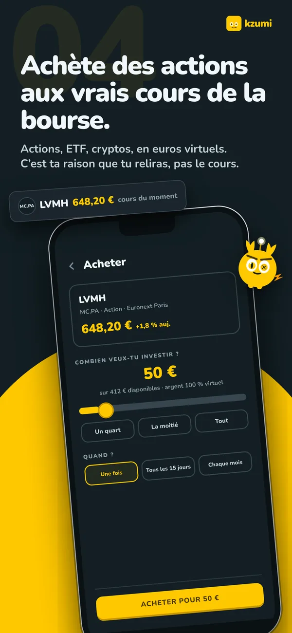 L’écran d’achat de kzumi : LVMH au cours du moment, la somme investie et sa fréquence.