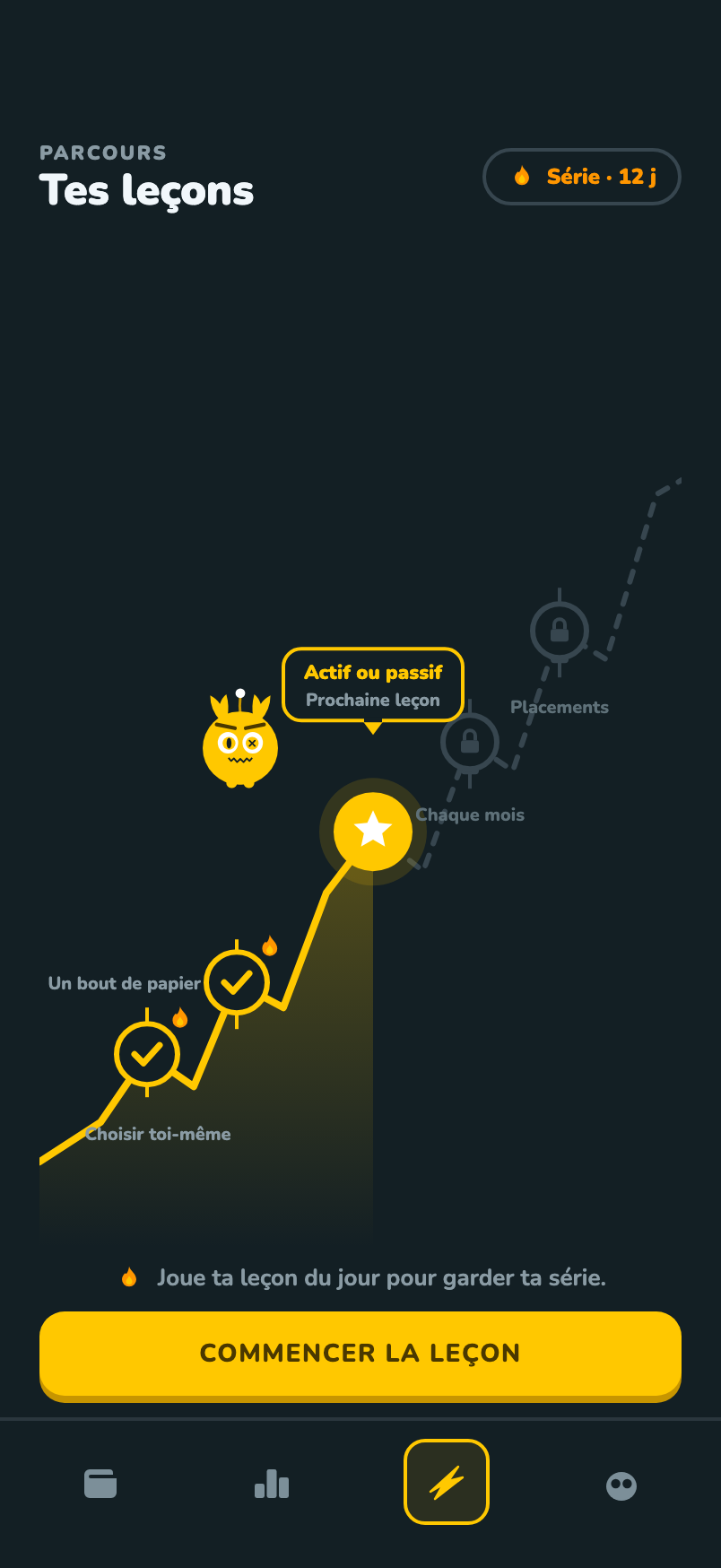 L’accueil : le parcours des leçons, la série en cours et la leçon du jour.