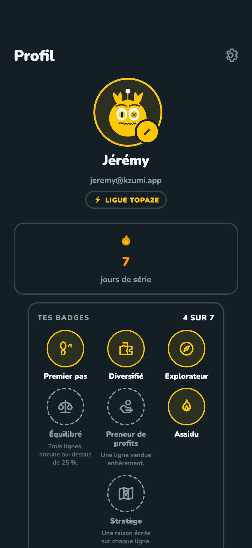 Le profil : la série en cours et la grille des sept badges.